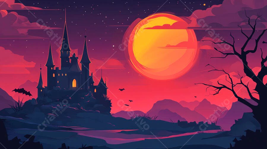 Castelo assombrado sob lua cheia laranja e céu roxo de Halloween