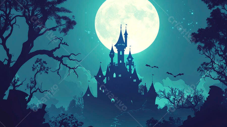 Castelo sombrio em noite de lua cheia com morcegos e árvores azuis