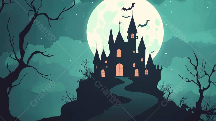 Castelo assombrado sob lua cheia com morcegos no Halloween