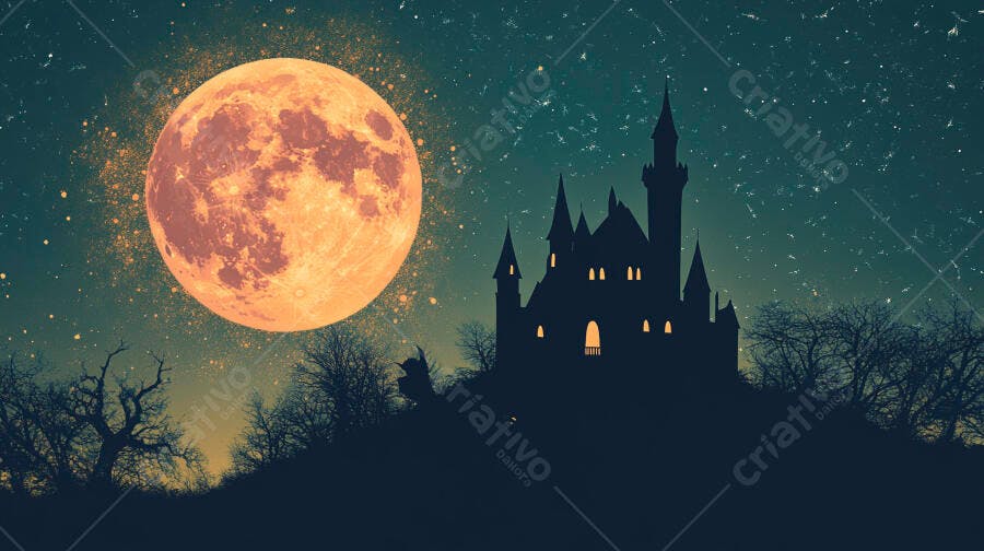 Lua cheia laranja sobre castelo sombrio e árvores secas na noite estrelada