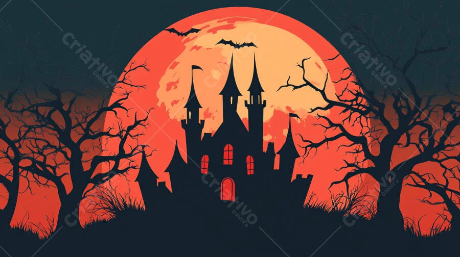 Castelo assombrado silhueta na noite de Halloween com lua laranja e morcegos