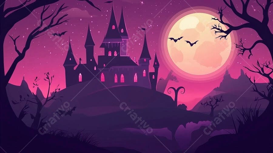 Castelo assombrado roxo e rosa em noite de Halloween com lua cheia e morcegos