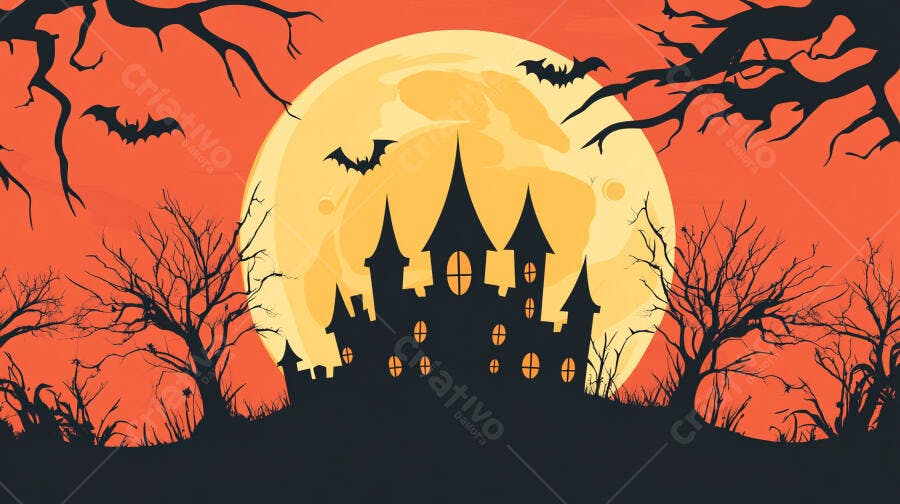 Castelo assombrado e morcegos voando sob a lua cheia de Halloween