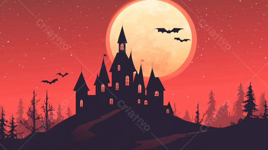 Castelo sombrio com morcegos voando sob lua cheia laranja em noite de Halloween