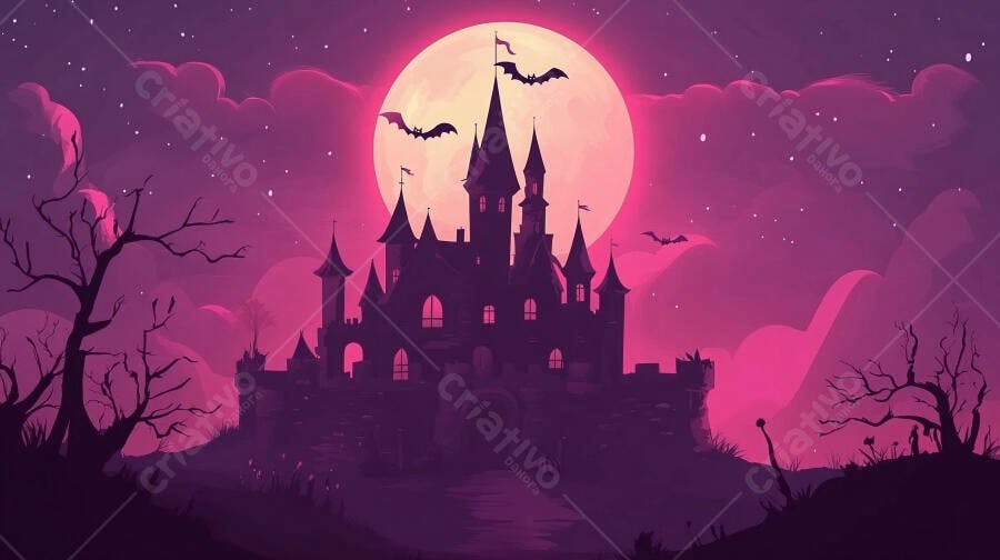 Castelo assombrado silhueta sob lua cheia roxa noite Halloween