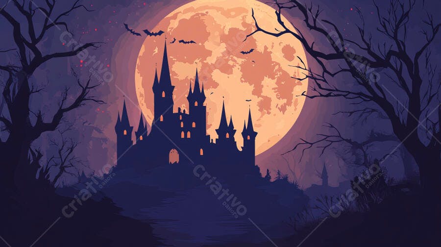 Castelo assustador com lua cheia laranja e morcegos voando noite de Halloween