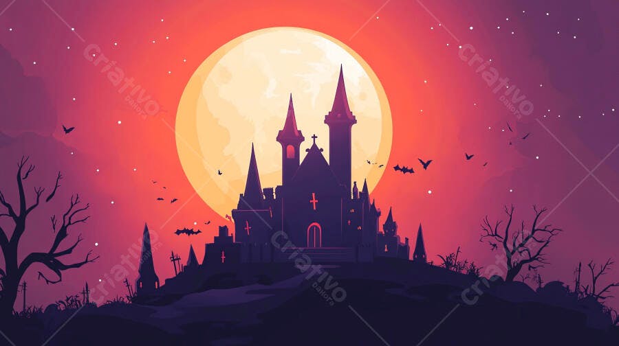 Castelo assustador em silhueta contra lua cheia no Halloween