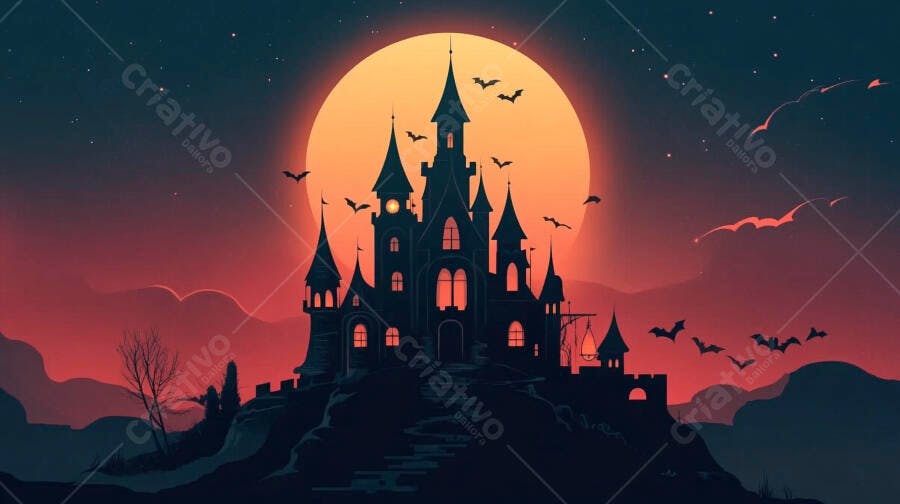 Castelo assombrado à noite com morcegos e lua cheia laranja vermelho