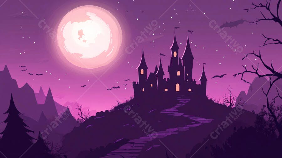Castelo gótico roxo e morcegos sob lua cheia brilhante
