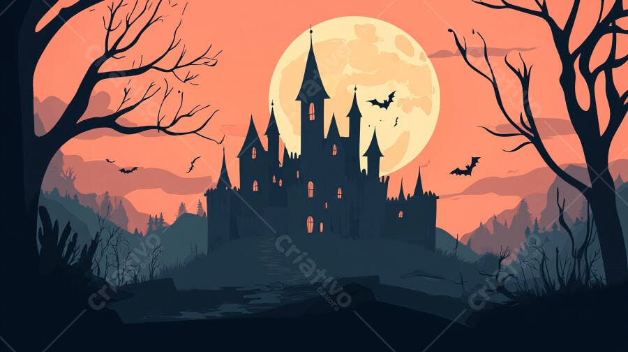 Castelo assombrado na noite de Halloween com morcegos e lua cheia