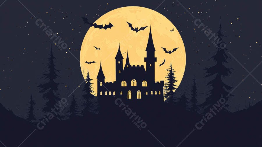 Castelo assombrado noite de Halloween com lua cheia e morcegos voando