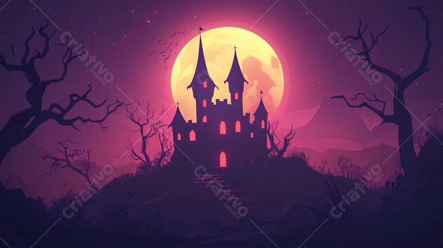 Castelo assombrado sob lua cheia roxa árvores secas noite de Halloween