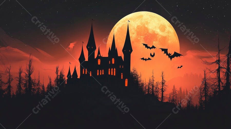 Castelo gótico sombrio com lua cheia laranja e morcegos voando no Halloween