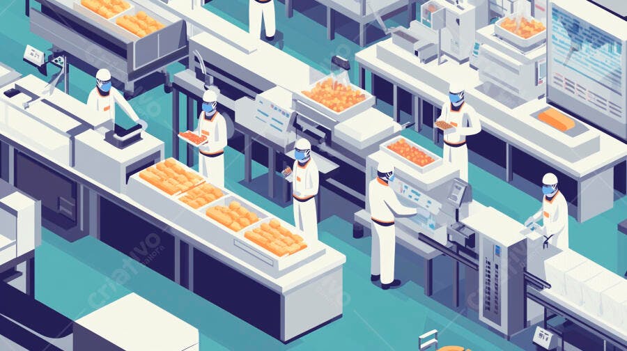Trabalhadores em fábrica de alimentos processando produtos em ambiente industrial higiênico