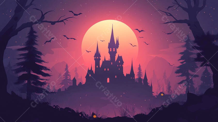 Castelo assombrado de Halloween na floresta noturna com lua cheia e morcegos