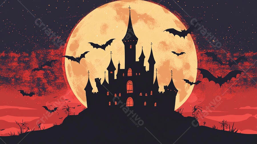 Castelo de Halloween silhueta lua cheia amarela morcegos voando céu vermelho