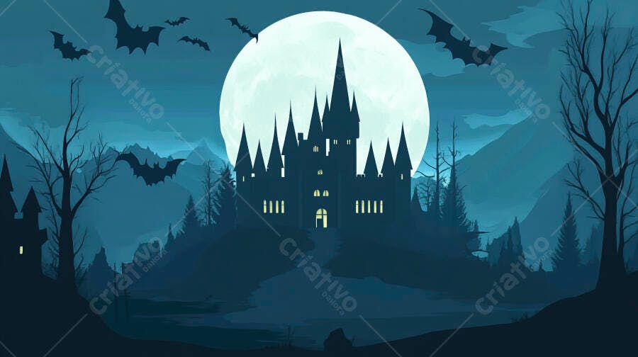 Castelo assustador na noite de Halloween com lua cheia e morcegos voando