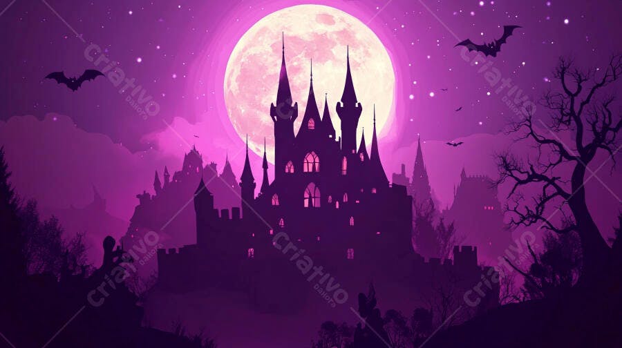 Castelo gótico roxo e rosa sob lua cheia com morcegos voando noite de Halloween