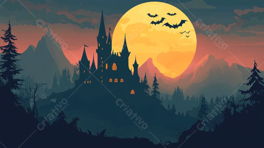 Castelo assombrado sob lua cheia com morcegos na floresta noturna de Halloween