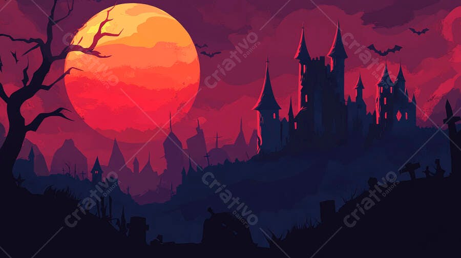 Paisagem de Halloween castelo gótico lua vermelha árvore seca e morcegos voando
