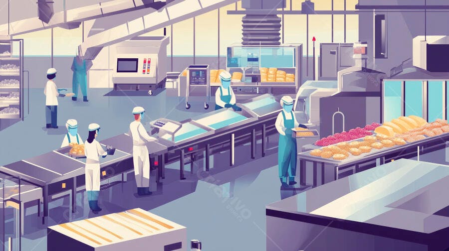 Trabalhadores da indústria alimentícia produzindo pães e doces em fábrica moderna