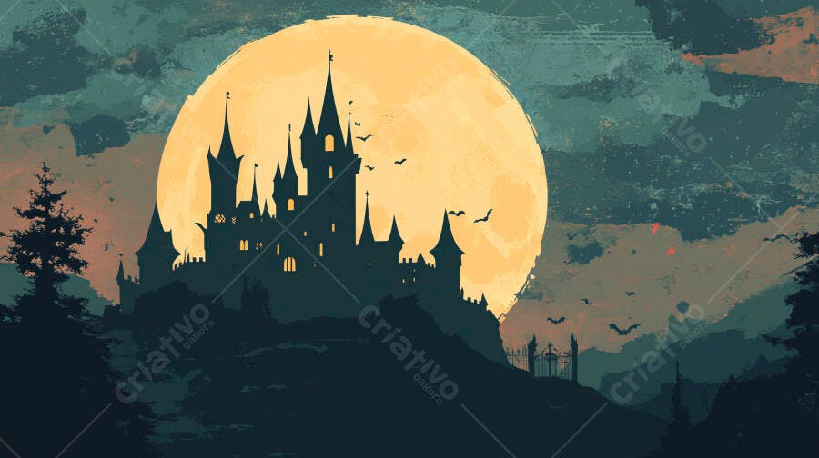 Castelo sombrio silhueta na lua cheia com morcegos paisagem noturna gótica
