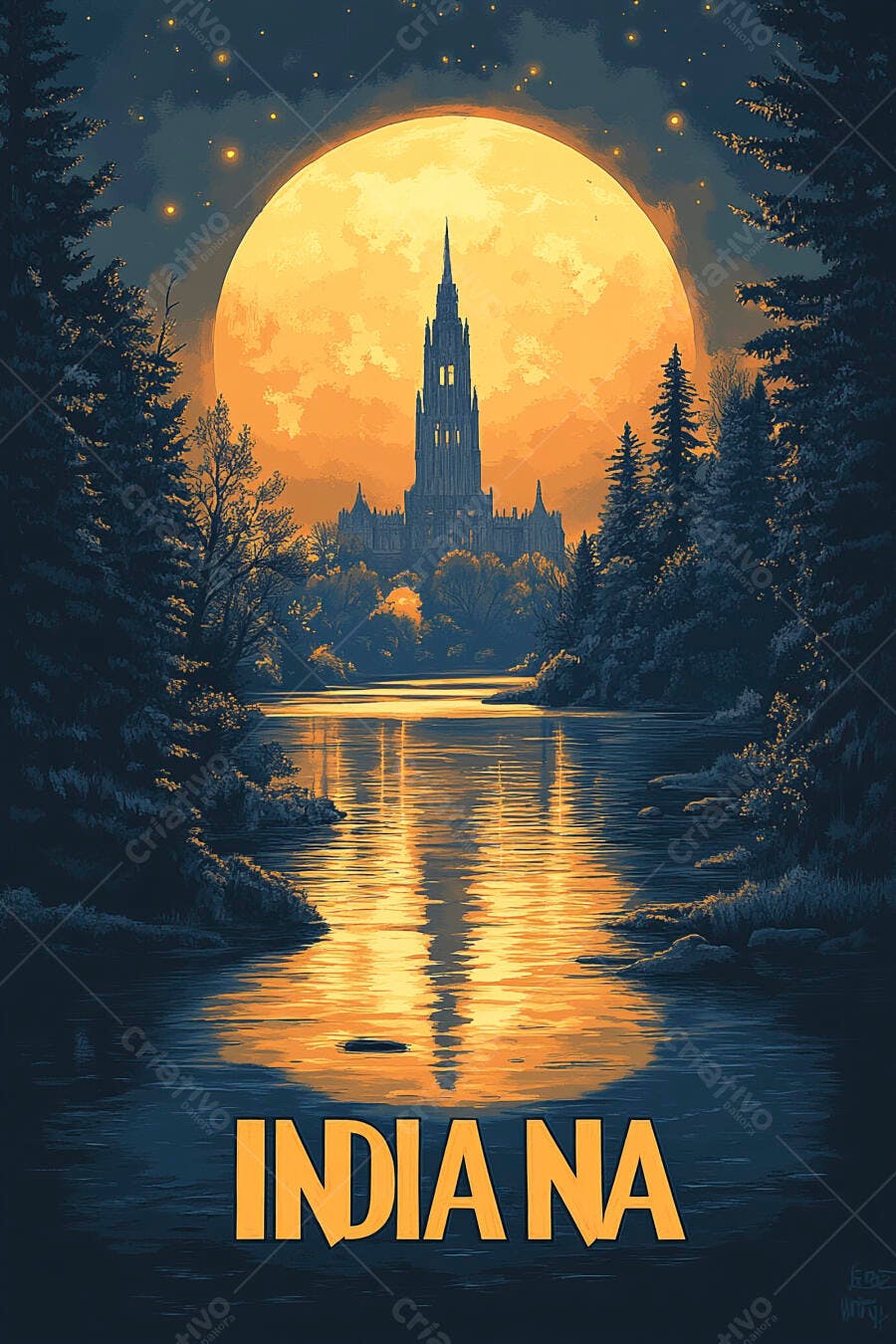 Edifício gótico Indiana com lua cheia laranja e rio noturno refletindo