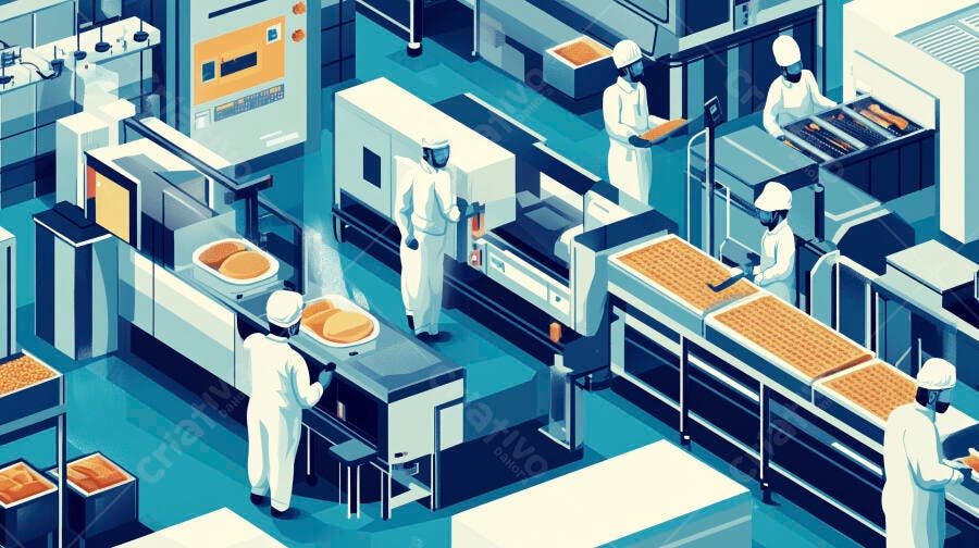 Fábrica de alimentos automatizada com operadores e esteiras de produtos dourados