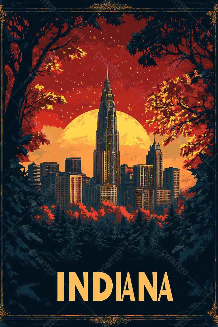 Ilustração vintage do skyline de Indiana pôr do sol vermelho e árvores densas