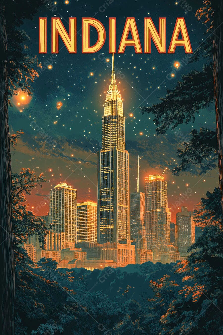 Cidade de Indiana skyline noturno com arranha-céus iluminados e estrelas