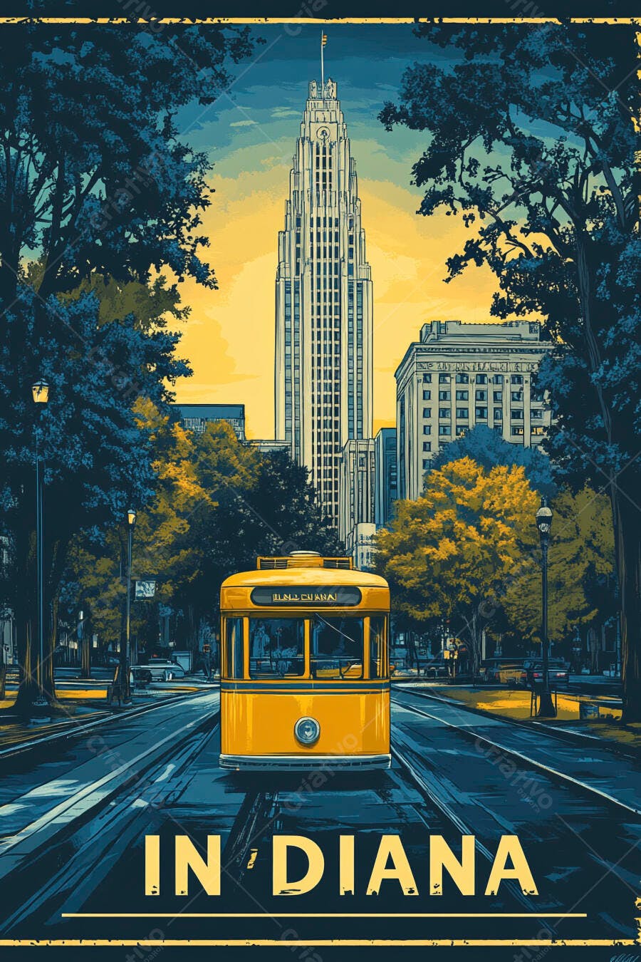 Elétrico amarelo vintage em rua de cidade com arranha-céus e árvores