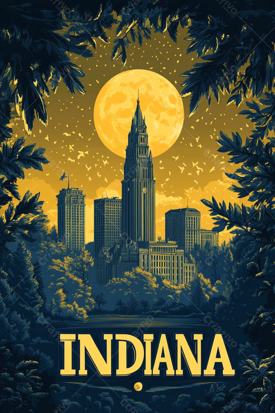 Skyline noturno de Indiana com lua cheia e árvores escuras ilustração artística