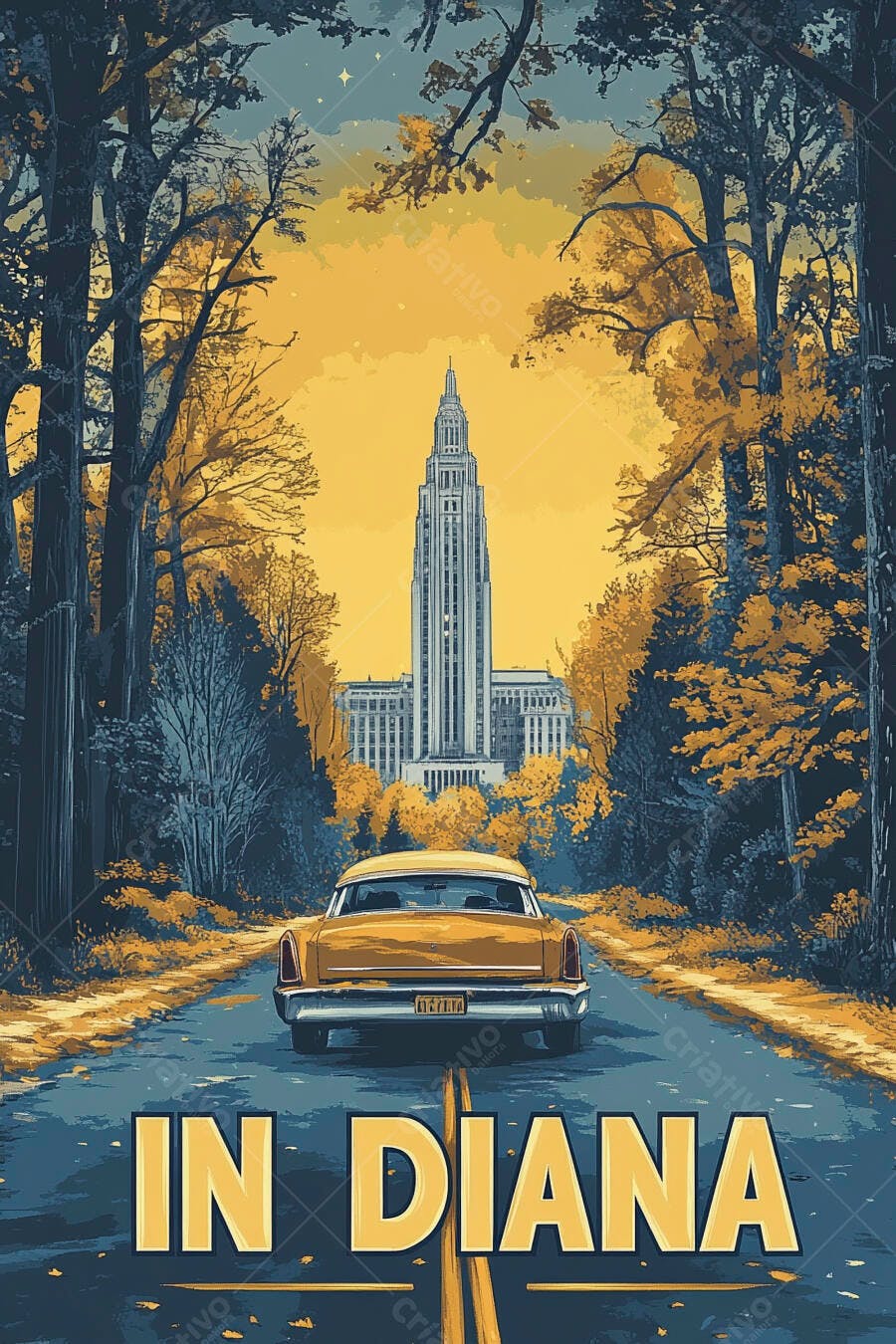 Carro vintage amarelo em estrada outonal com edifício histórico de Indiana ao fundo