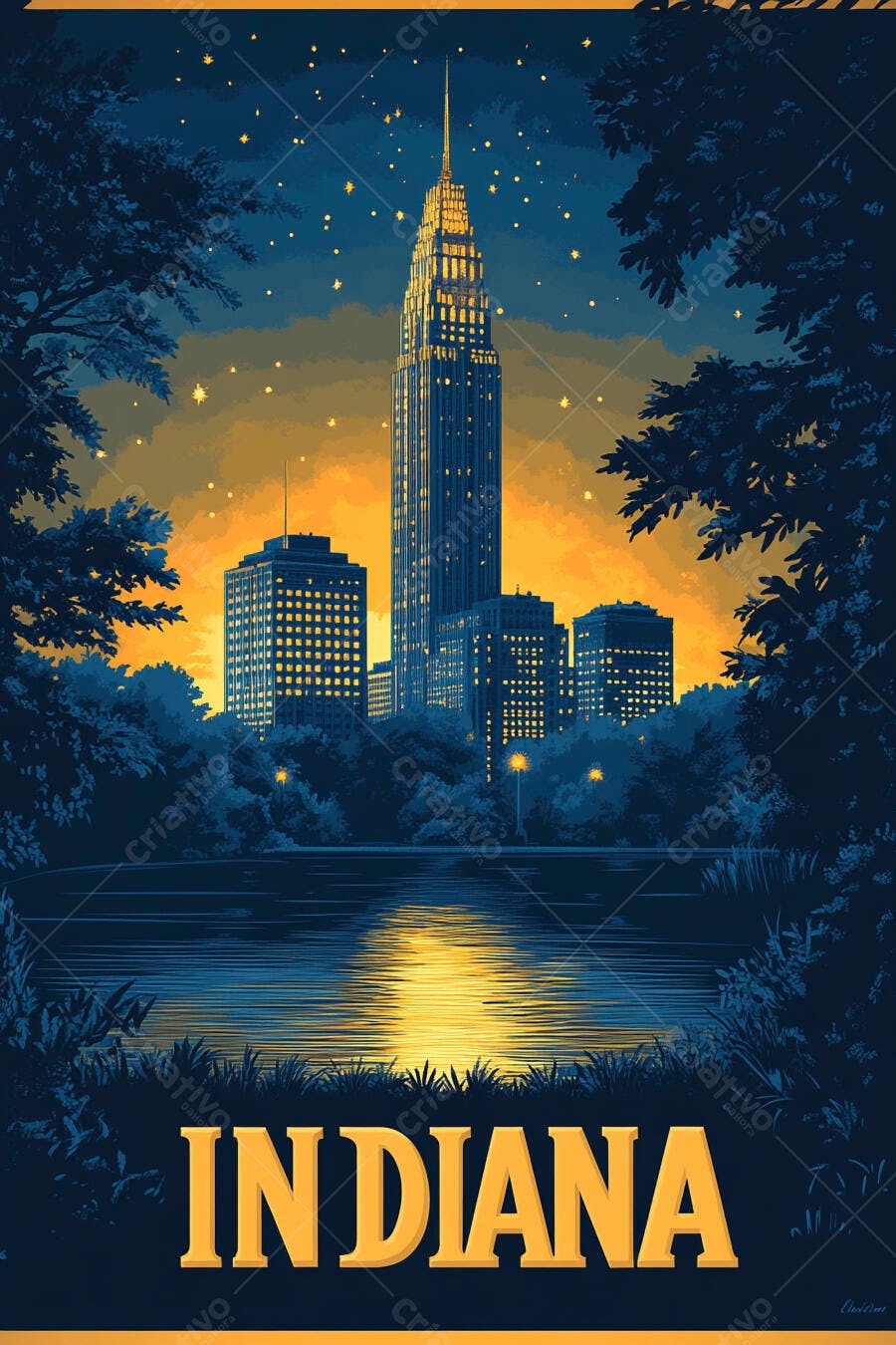 Paisagem noturna azul e laranja Indiana com arranha-céu e lago estrelado
