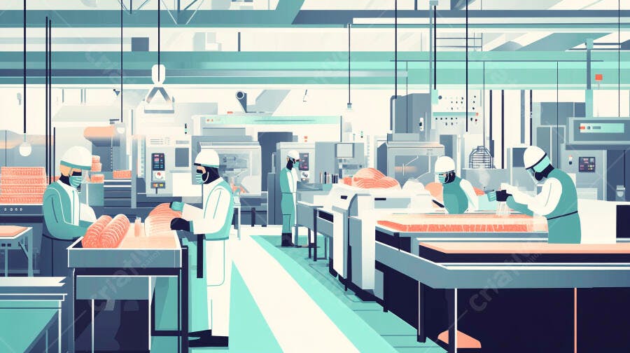 Operários de fábrica processando alimentos em linha de produção moderna azul e branca