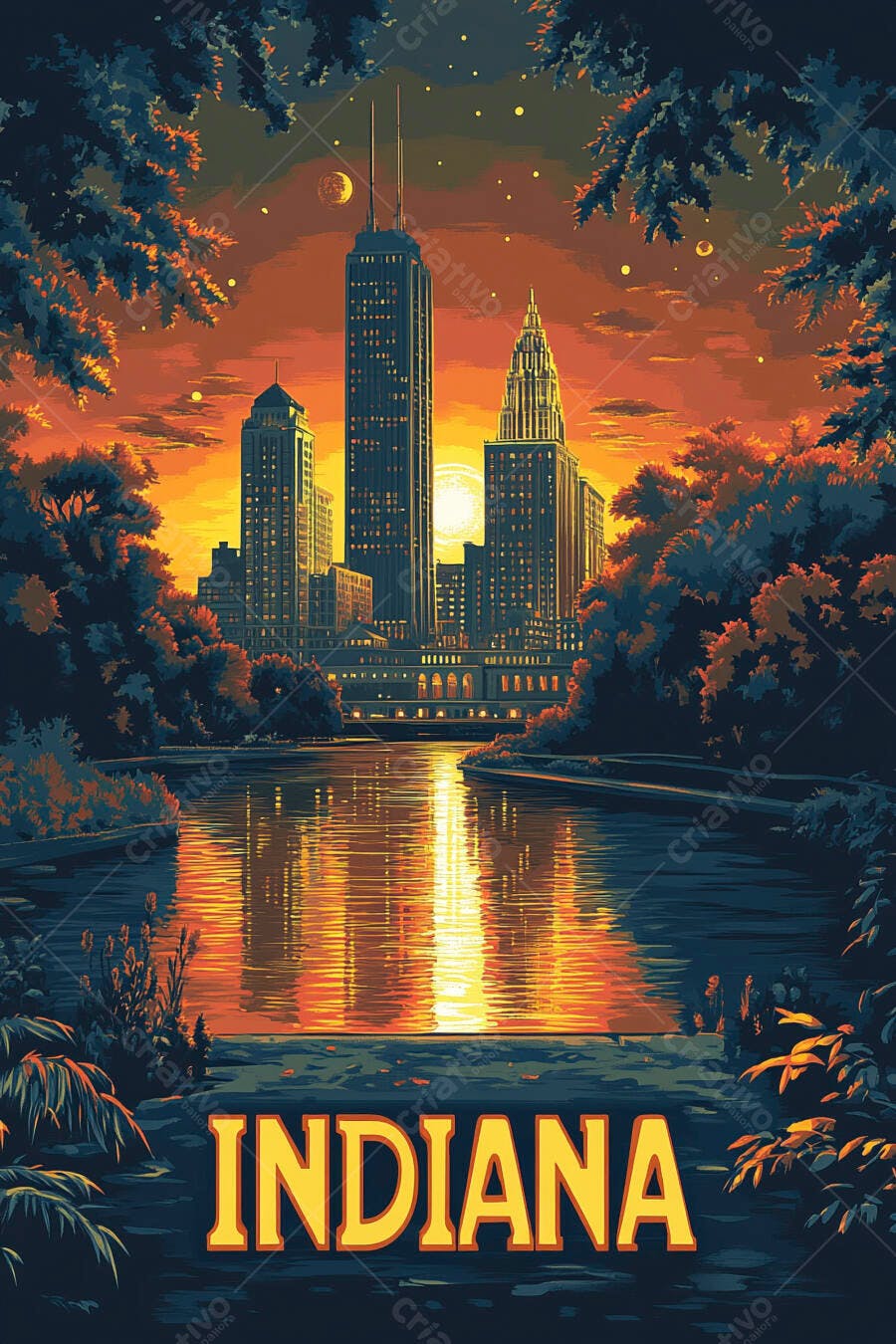 Cidade de Indiana paisagem urbana ao pôr do sol com lago e prédios altos refletidos