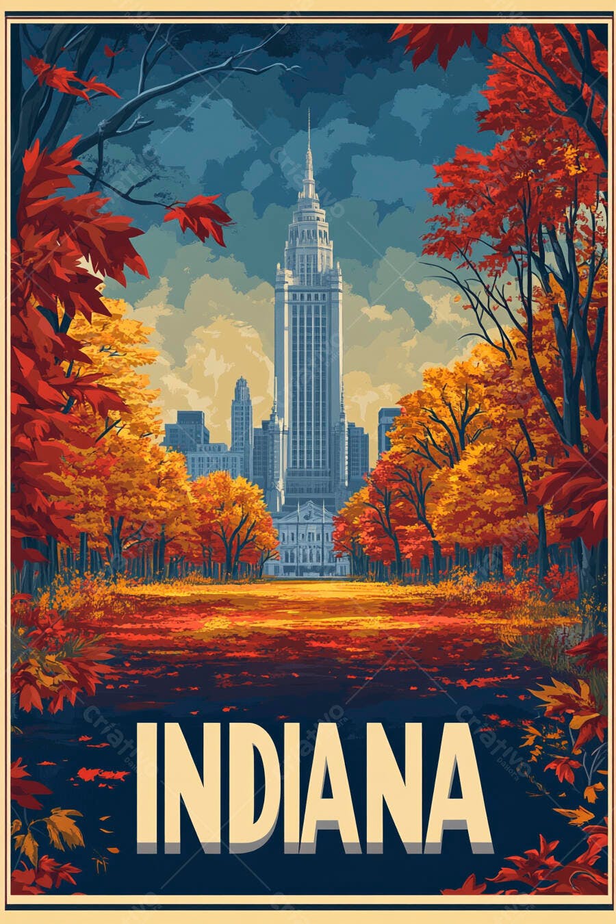 Paisagem urbana outonal de Indiana parque com arranha-céus e folhagem vibrante