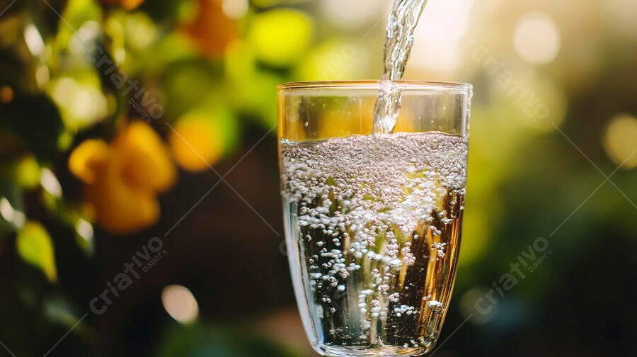 Copo de água fresca sendo servido ao ar livre com fundo verde desfocado