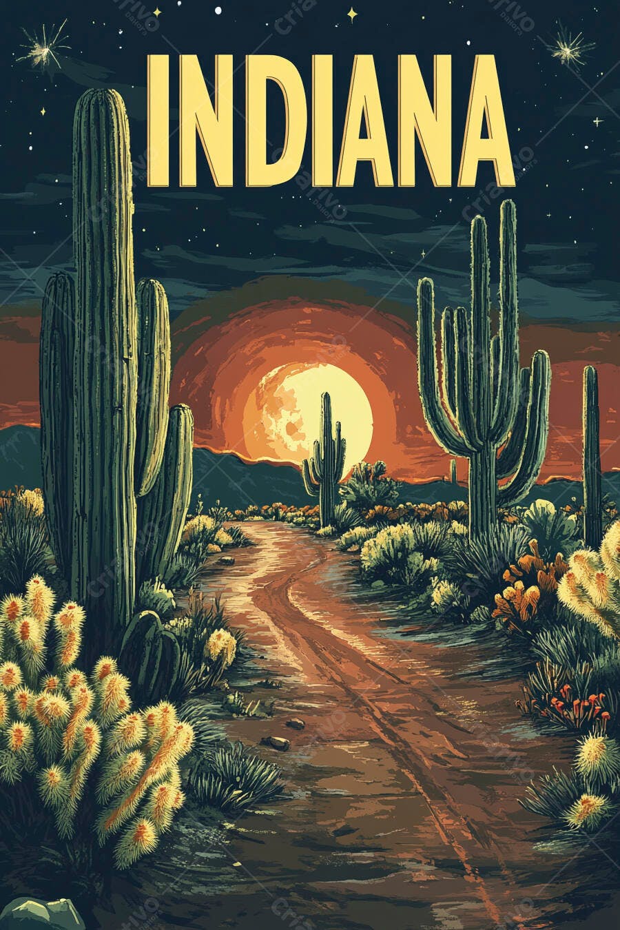 Poster desértico Indiana com cactos verdes e sol laranja no céu noturno