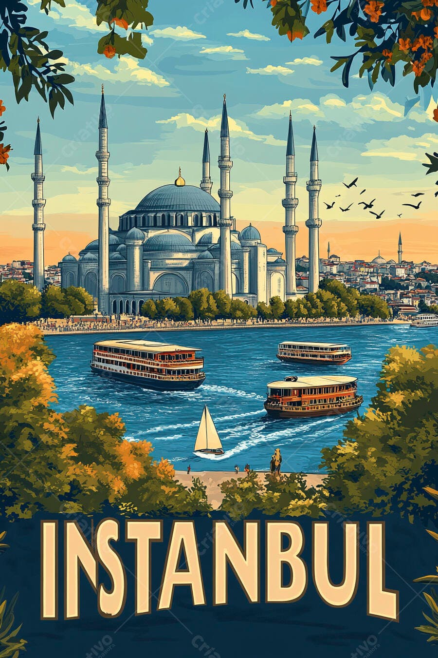 Istambul mesquita azul barcos no Bósforo com céu alaranjado convida a visitar