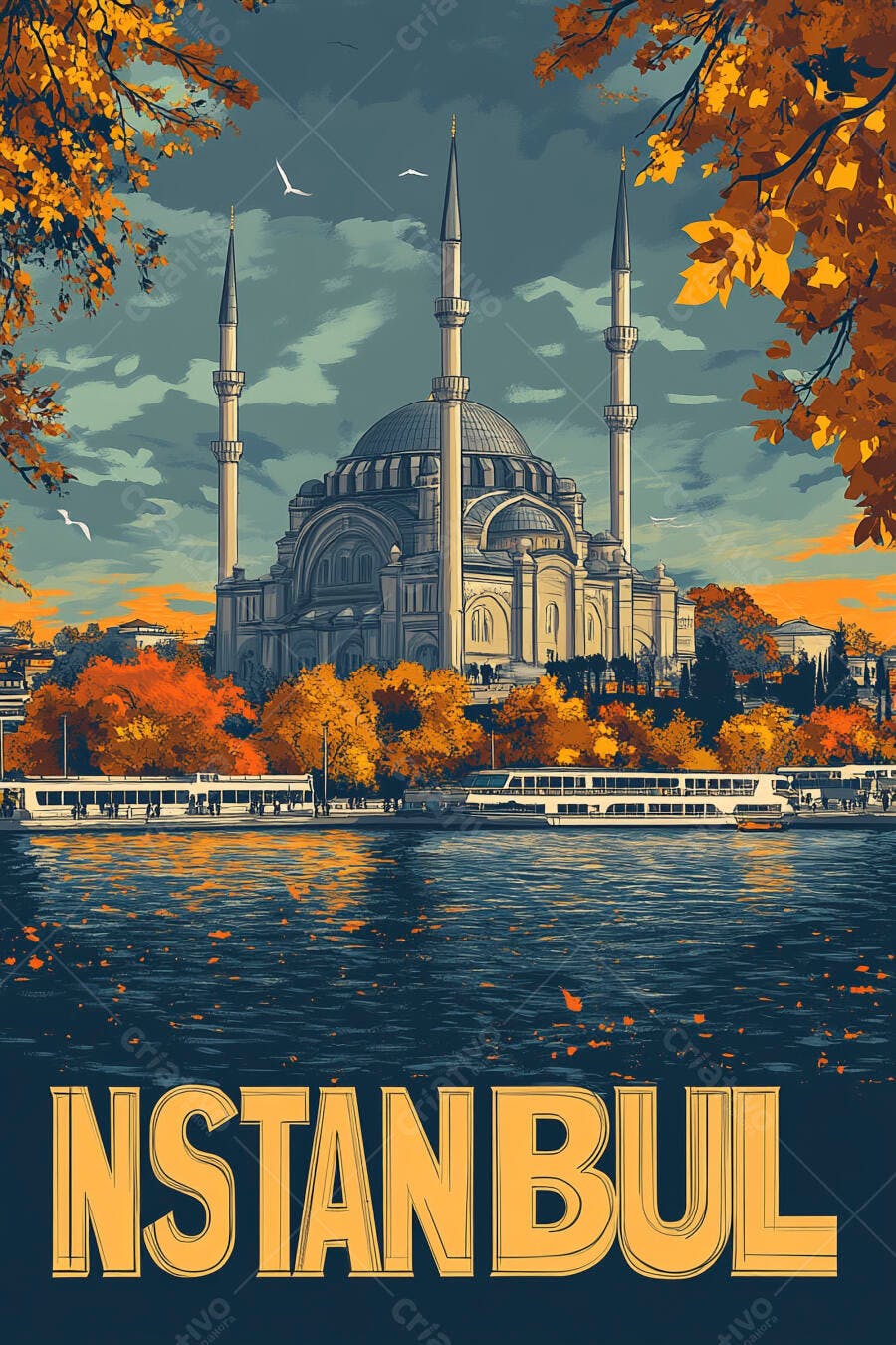 Pôster de viagem Mesquita de Istambul outono com rio e barcos vibrantes