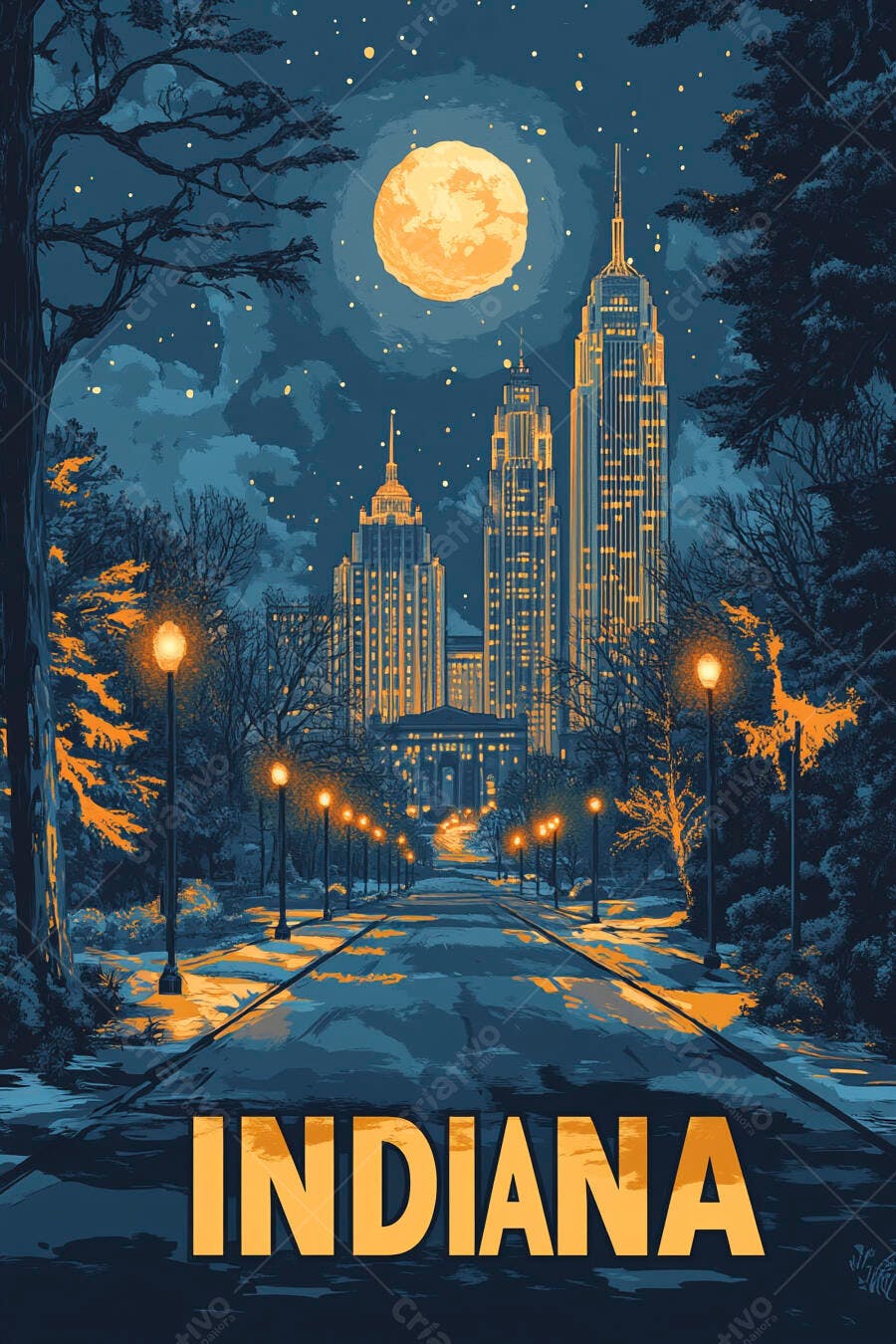 Indiana skyline noturno lua cheia com avenida iluminada