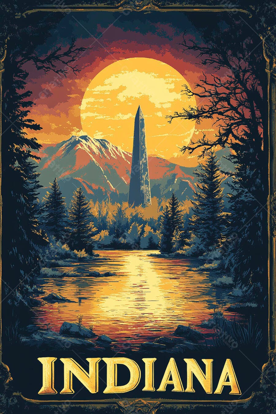 Pôster vintage Indiana obelisco e montanhas sob sol laranja refletido no rio