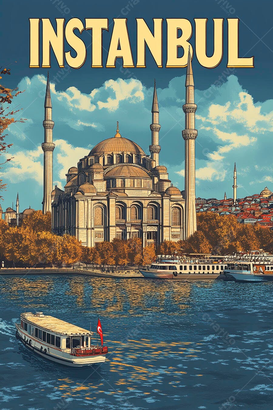 Mesquita histórica de Istambul vista do Bósforo com barcos e árvores douradas