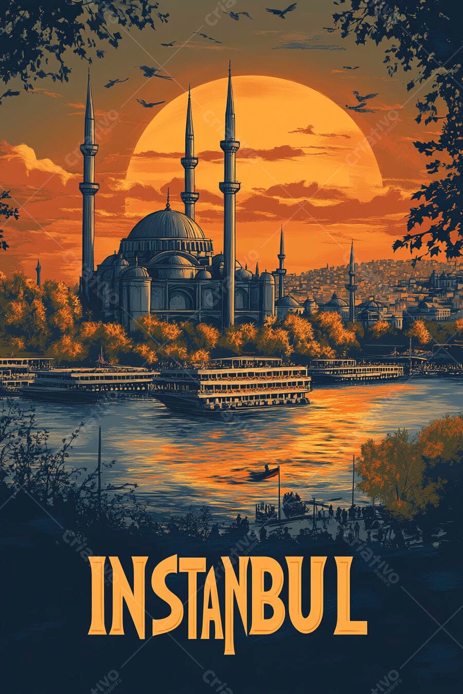 Mesquita de Istambul no Bósforo com pôr do sol laranja e balsas