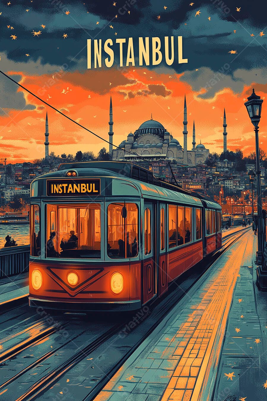 Bonde vintage vermelho em Istambul ao pôr do sol laranja com mesquita azul