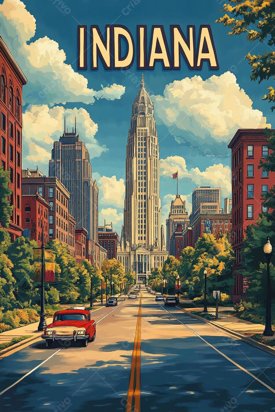 Rua principal de Indiana com edifício histórico e carro clássico vermelho