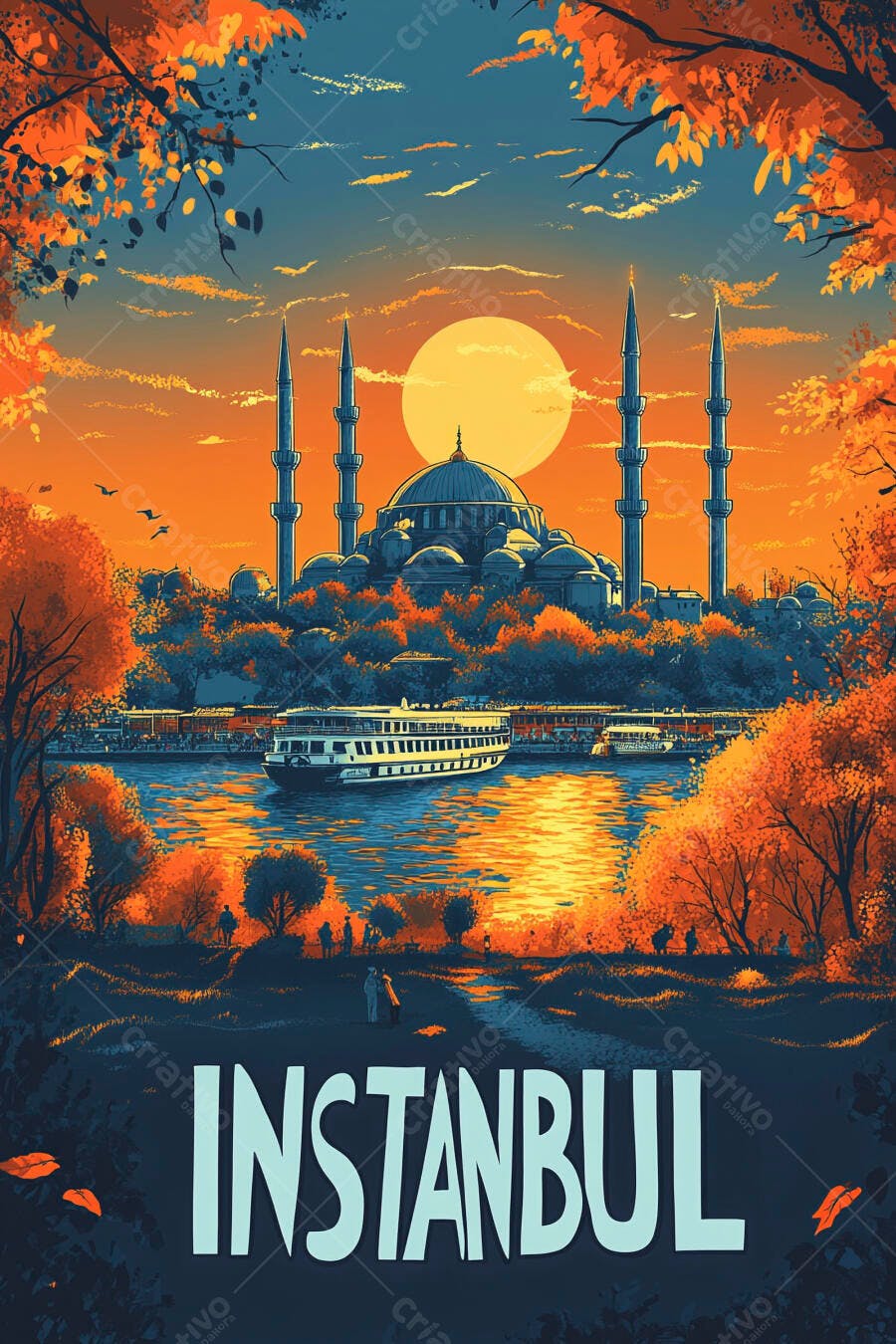 Mesquita Azul Istambul pôr do sol vibrante com barco no Bósforo e árvores de outono
