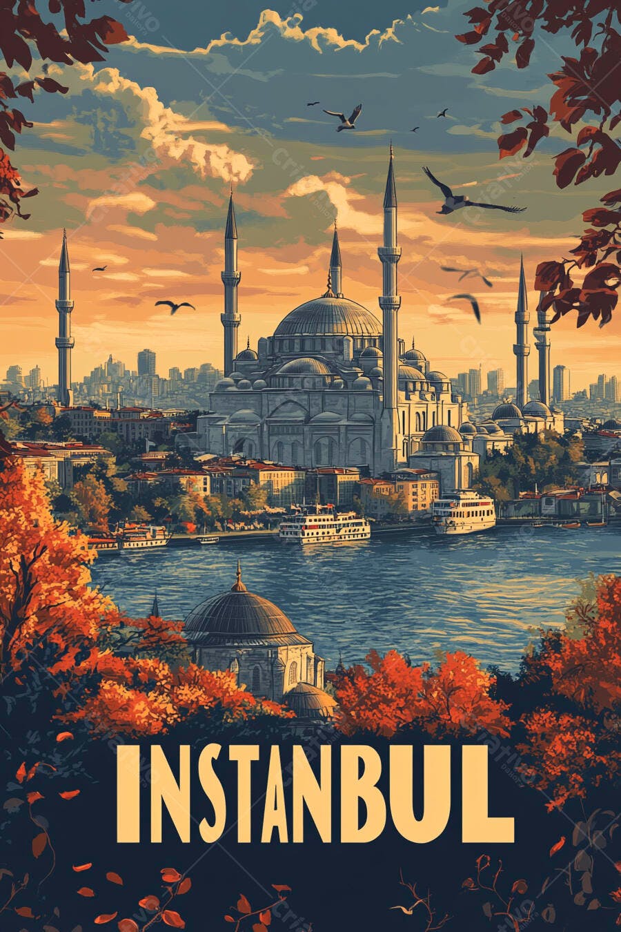 Mesquita de Istambul com cúpulas e minaretes ao pôr do sol sobre o Bósforo em outono