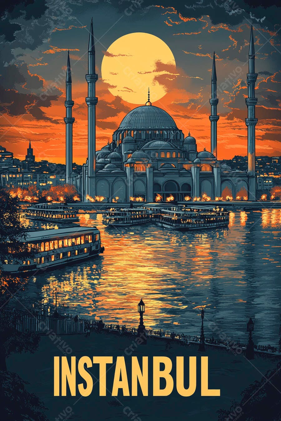 Mesquita de Istambul ao pôr do sol com lua cheia e barcos no Bósforo ilustrado